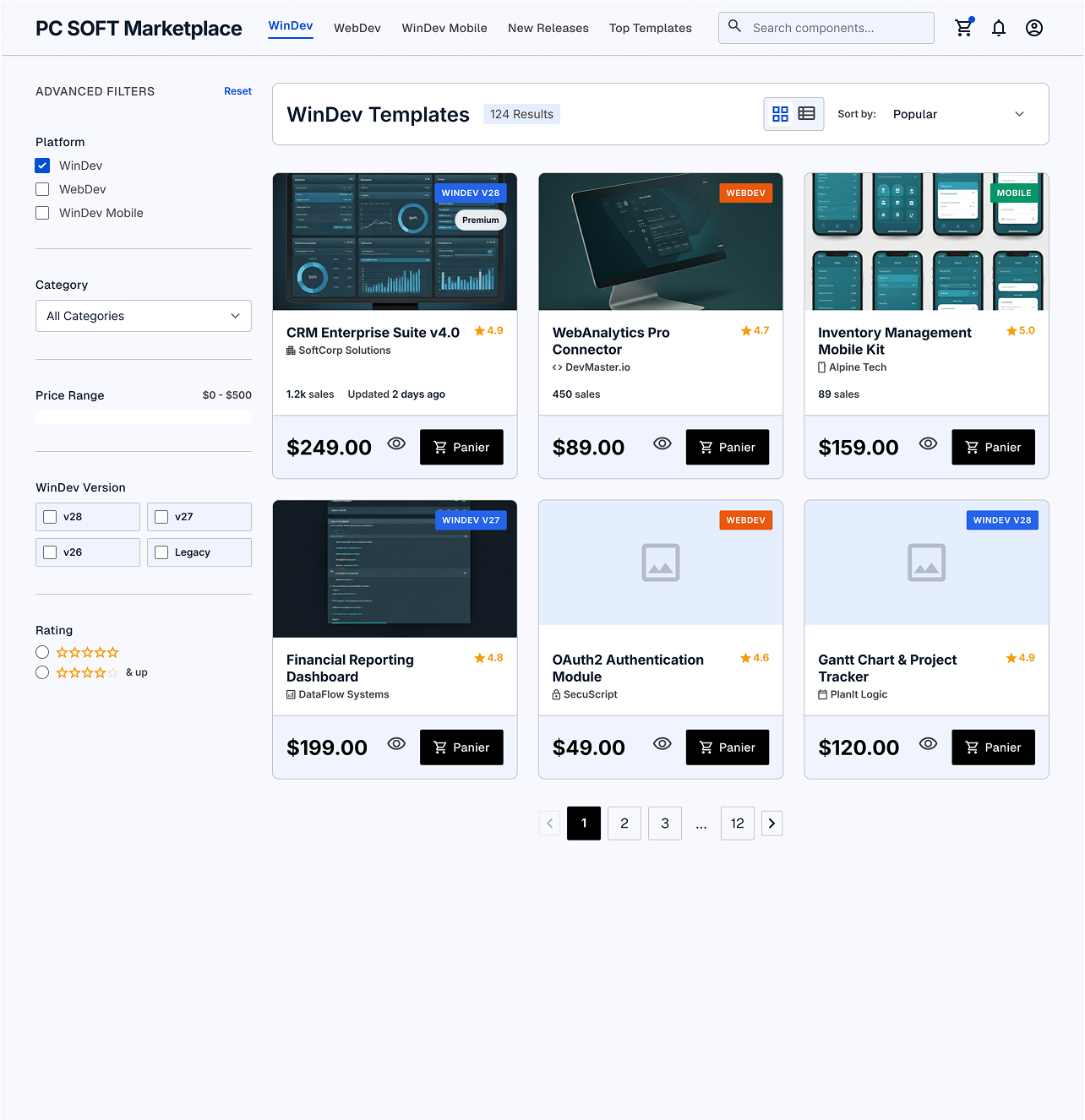 Aperçu de la marketplace WDevMarket avec le catalogue de composants